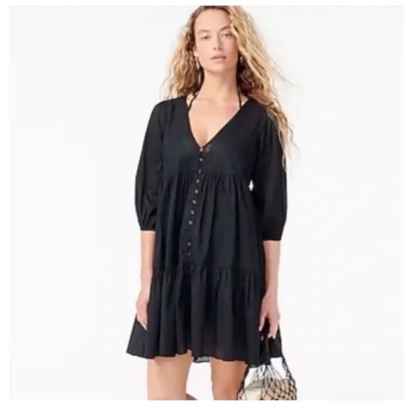 J. Crew Black Cotton Tiered Button Up Beach Dress sz L NWOT - Picture 1 of 6